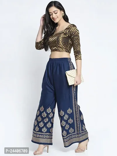 Meyara Gold Toned Side Block Printed Casual Rayon Palazzo-Pant for Girls  Women (Navy Blue)-thumb3