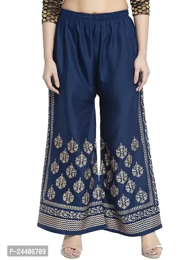 Meyara Gold Toned Side Block Printed Casual Rayon Palazzo-Pant for Girls  Women (Navy Blue)-thumb0