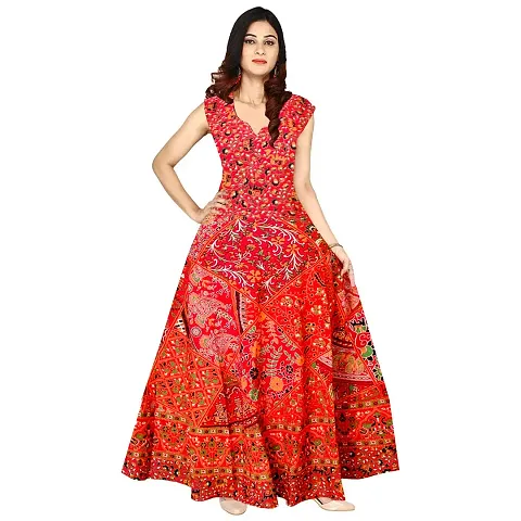 Afreet Fashion Women's Long Dress Midi Jaipuri Print Cotton Maxi (Multicolor, Up to 44-XXL,Free Size)
