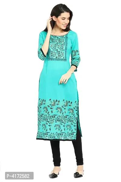 Stylish Cotton Printed Turquoise Three Quarter Sleeves Kurta-thumb2