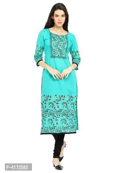 Stylish Cotton Printed Turquoise Three Quarter Sleeves Kurta-thumb0