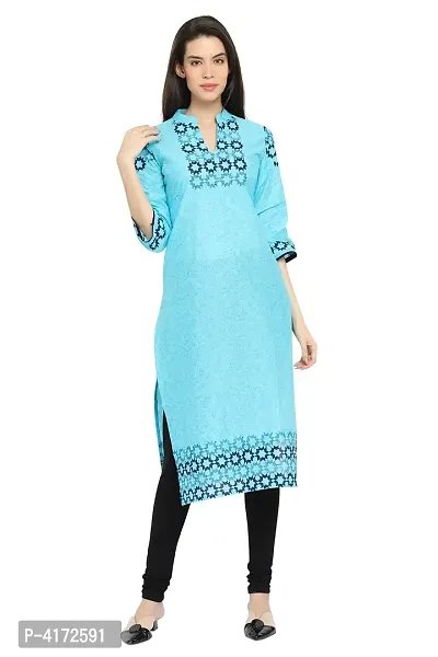 Stylish Cotton Printed Turquoise Three Quarter Sleeves Kurta