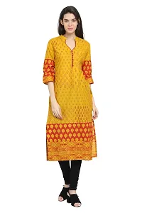 Stylish Cotton Printed Yellow Three Quarter Sleeves Kurta-thumb3