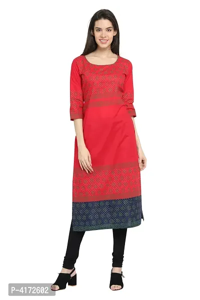 Stylish Cotton Printed Red Three Quarter Sleeves Kurta