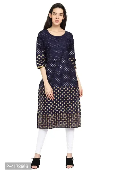 Stylish Cotton Printed Navy Blue Three Quarter Sleeves Kurta