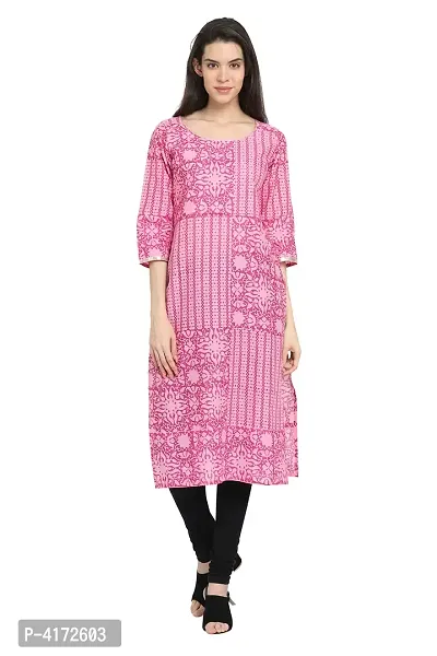 Stylish Cotton Printed Pink Three Quarter Sleeves Kurta