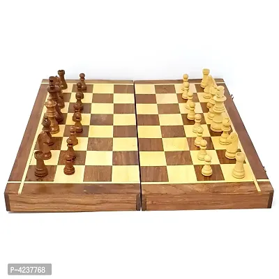 Wooden Handmade Standard Classic Chess Board Game Small Chess Pieces Foldable Size 14 Inches (Non-Magnetic)-thumb0