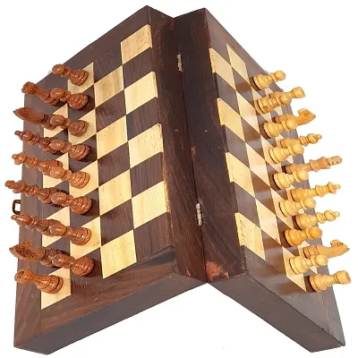 Collectible Folding Wooden Chess Game Board Set 8 inches with Magnetic Crafted Pieces