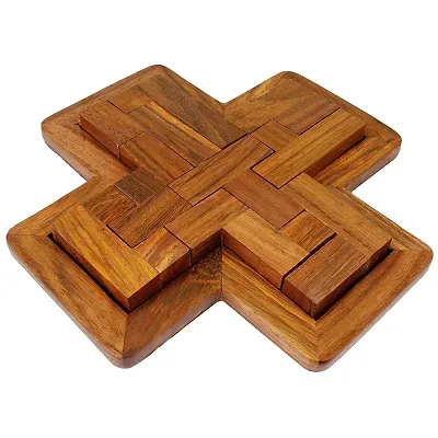 Handmade Indian 9-Pieces Plus Board cross Jigsaw Puzzle Game - Wooden Toy Game - Brain Teaser