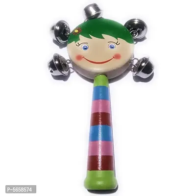 Colorful Wooden Rainbow Handle Jingle Bell Rattle Toys Pack Of 1 Rattle With Top Round Face-thumb0