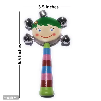 Colorful Wooden Rainbow Handle Jingle Bell Rattle Toys Pack Of 1 Rattle With Top Round Face-thumb2