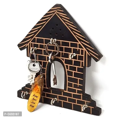 Wooden Hut Shape Wall Decor Key Holder ( Black, 7 X 8 Inch )-thumb3