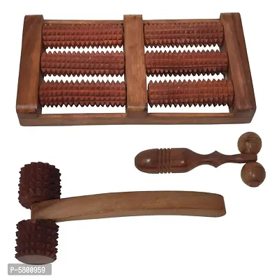 Wooden Set Of 3 Roller Foot/Feet Massager for Body Stress Acupressure Feet Care + Feet Massager + Finger Cum Face Massager