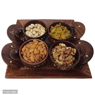 Desi Karigarreg; Wooden kitchen Ware Dry Fruits Cutter Tray With 4 Bowl  4 Spoon