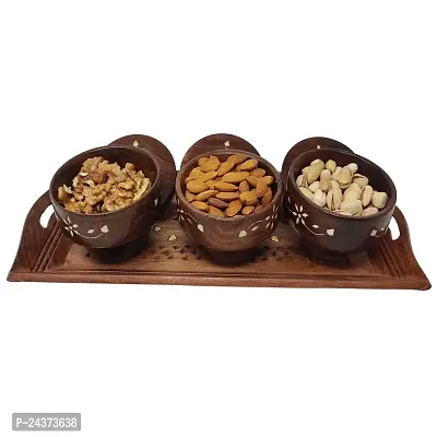 Wooden kitchen Ware Long Dry Fruits Tray With 3 Wooden Bowl  3 Spoon-thumb0