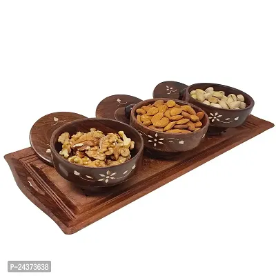 Wooden kitchen Ware Long Dry Fruits Tray With 3 Wooden Bowl  3 Spoon-thumb2