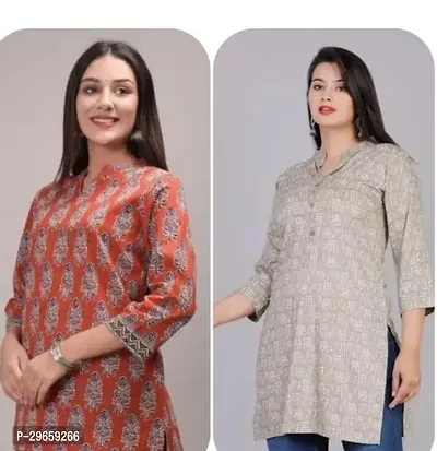 Stylish Short Printed Cotton Kurta For Women - Pack Of 2