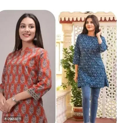 Stylish Short Printed Cotton Kurta For Women - Pack Of 2