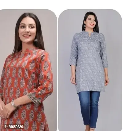 Stylish Short Printed Cotton Kurta For Women - Pack Of 2