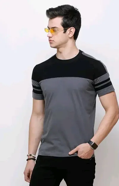 Men Colorblock Round Neck Blend T-Shirt (XX-Large, Black-Grey)