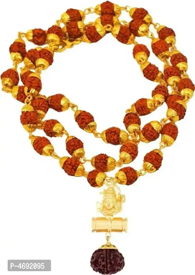 Rudraksh Gold Plated Rudraksha/Trishul/Damru Inspired Mala Pendant Set For Men & Women Gold-plated Plated Brass Chain-thumb0