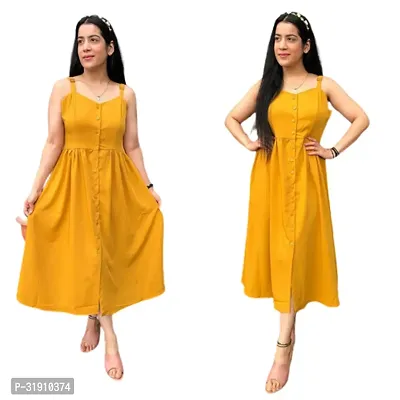 Stylish Yellow Crepe Solid A-Line Dress For Women-thumb0