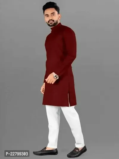 Reliable Maroon Cotton Solid Mid Length Kurta For Men-thumb2