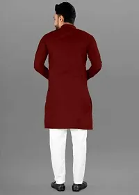 Reliable Maroon Cotton Solid Mid Length Kurta For Men-thumb2