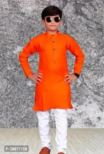 Stylish Orange Cotton Solid Kurta With Pyjama Set For Boys