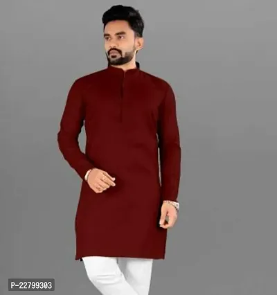 Reliable Maroon Cotton Solid Mid Length Kurta For Men-thumb0