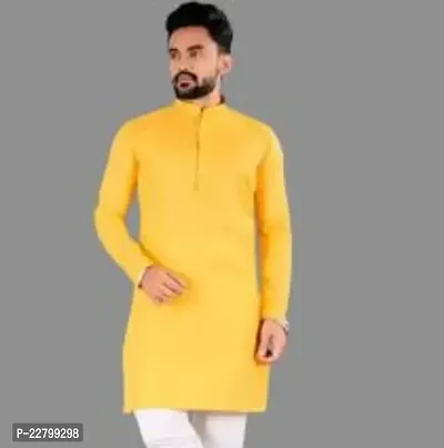 Reliable Yellow Cotton Solid Mid Length Kurta For Men-thumb0