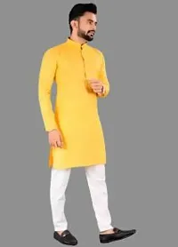 Reliable Yellow Cotton Solid Mid Length Kurta For Men-thumb3