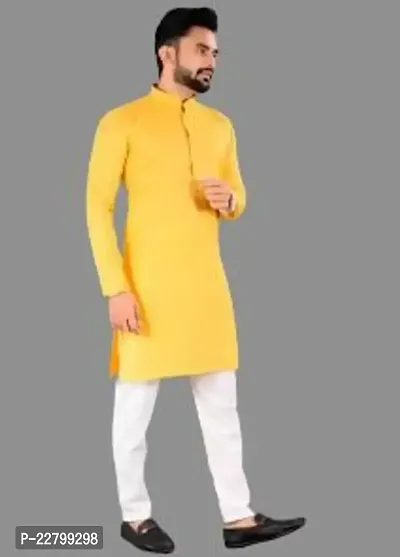 Reliable Yellow Cotton Solid Mid Length Kurta For Men-thumb4