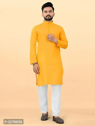 Reliable Yellow Cotton Solid Kurta And Bottom Sets For Men-thumb3