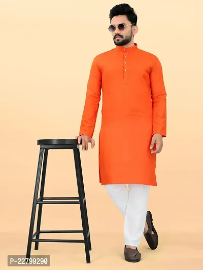 Reliable Orange Cotton Solid Kurta And Bottom Sets For Men