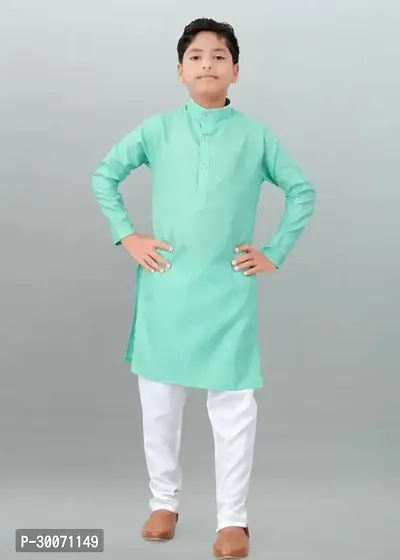 Stylish Turquoise Cotton Solid Kurta With Pyjama Set For Boys