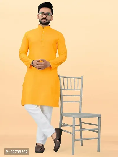 Reliable Yellow Cotton Solid Kurta And Bottom Sets For Men-thumb0