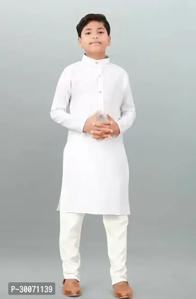 Stylish White Cotton Solid Kurta With Pyjama Set For Boys