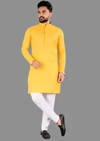 Reliable Yellow Cotton Solid Mid Length Kurta For Men-thumb1