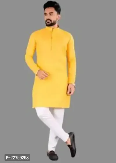 Reliable Yellow Cotton Solid Mid Length Kurta For Men-thumb2