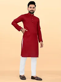 Reliable Maroon Cotton Solid Mid Length Kurta For Men-thumb3