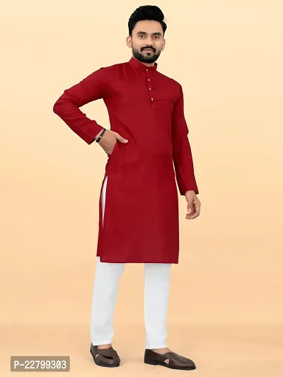 Reliable Maroon Cotton Solid Mid Length Kurta For Men-thumb4