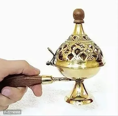 Metals Brass Incense Burner Bakhoor Holder Home Fragrance and Purity Handmade Embossed with Wooden Handle and knob conical Classic Design (Wooden Handle) (17*20)