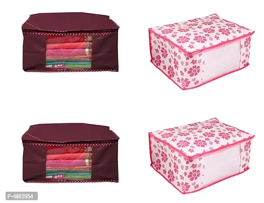 Pink Floral Printed  Maroon Plain Non Woven Saree Cover Combo