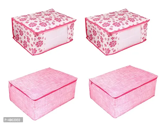 Pink Floral Printed  Pink Khaki Strip Printed Non Woven Saree Cover Combo-thumb0
