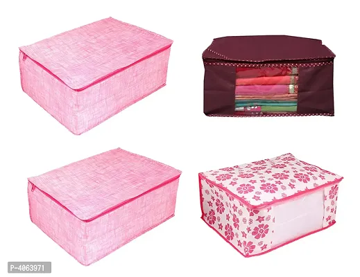 Maroon Plain, Pink Floral Printed  Pink Khaki Strip Printed Non Woven Saree Cover Combo