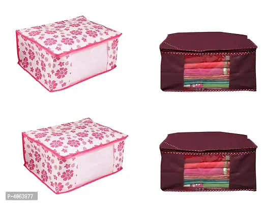 Maroon Plain  Pink Floral Printed Non Woven Saree Cover Combo