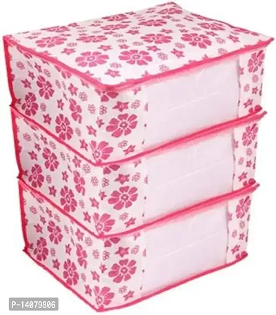 Click@me Saree Cover Storage Front Transparent Window Non Woven Cloth Wardrobe Bag Organizer Pink (Pack of 3)