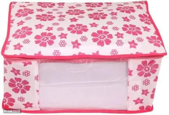 Click@me Saree Cover Storage Front Transparent Window Non Woven Cloth Wardrobe Organizer Pink Floral Printed Pack of 2)-thumb2