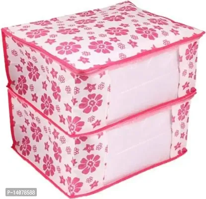 Click@me Saree Cover Storage Front Transparent Window Non Woven Cloth Wardrobe Organizer Pink Floral Printed Pack of 2)